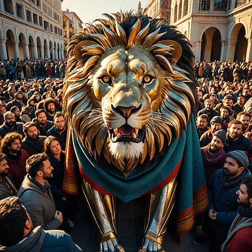 Colossal Titanium Lion with Colorful Cloak in Crowded Square