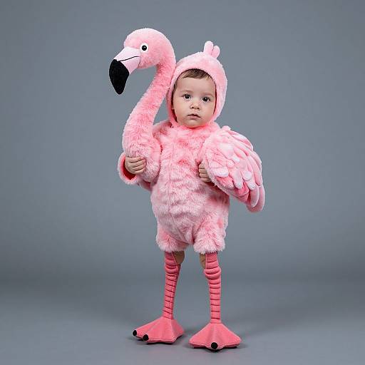Photograph of a baby wearing a pink, fluffy flamingo costume with a hood, standing against a gray background. Costume includes long pink legs, wings