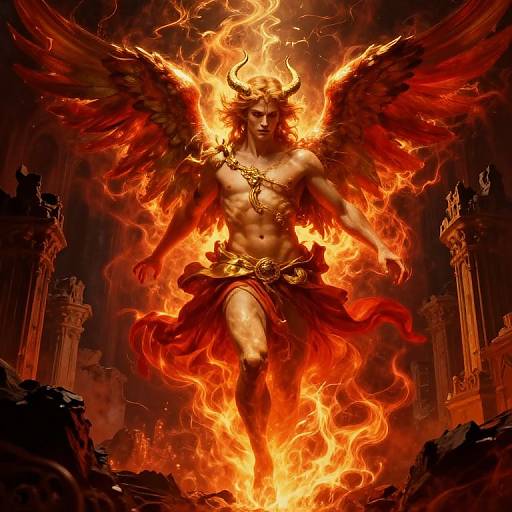Digital artwork of a muscular, fiery-winged demon with horns, red skirt, and golden necklace, standing amidst blazing flames and ruins.