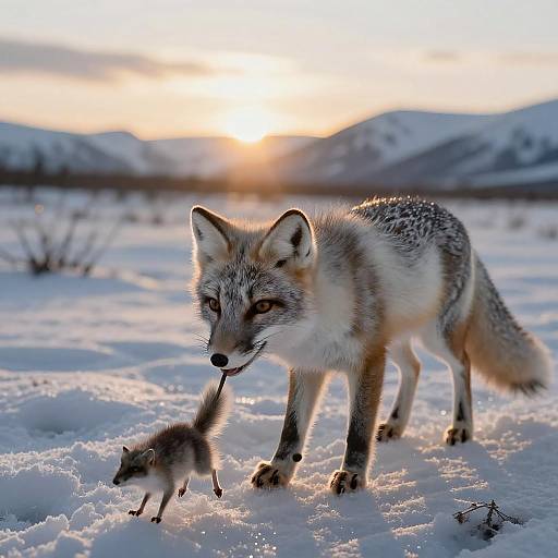 Arctic Fox Carrying Prey in Snowy Tundra