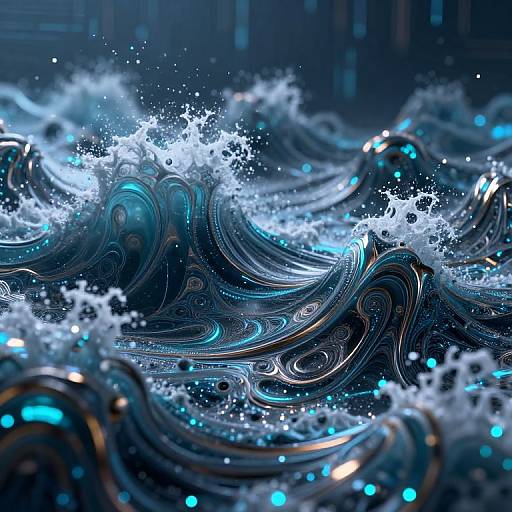 Digital artwork of swirling, iridescent ocean waves with glowing blue and white splashes, creating a futuristic, mesmerizing effect.