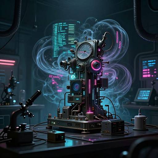 Neon-lit cyber lab with a futuristic, smoke-emitting, robotic device at center, surrounded by glowing screens and cables. Digital artwork style.
