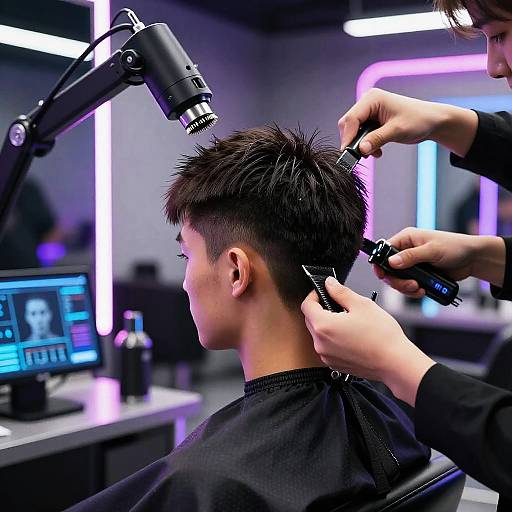 Futuristic AI Haircut in Neon Salon