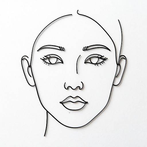Black and white line drawing of a bald, androgynous face with arched eyebrows, closed eyes, and slightly parted lips. Simple, minimalist