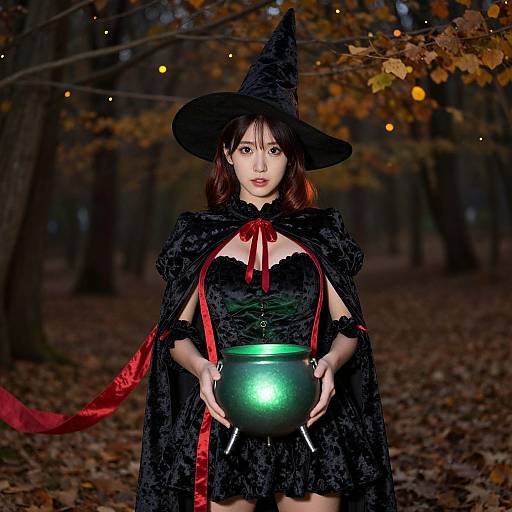 Photograph of an Asian woman in a black witch costume with a wide-brimmed hat, velvet cloak, and red ribbon, holding a glowing green