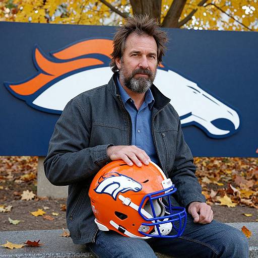 Photograph of bearded middle-aged man with disheveled brown hair, wearing a blue shirt and black jacket, holding an orange NFL helmet, seated