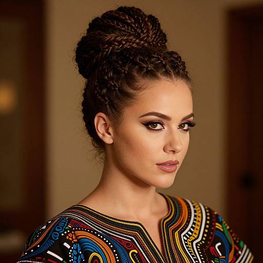 Photograph of a woman with dark, intricately braided hair, wearing a colorful, patterned blouse, and subtle makeup, set against a blurred
