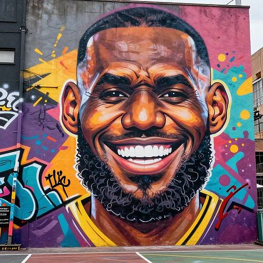 Vibrant graffiti mural of smiling NBA player with dark skin, curly beard, and yellow jersey, against colorful, splattered urban background.