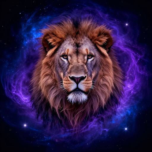 Digital artwork of a majestic lion's face with intense, glowing eyes, framed by a swirling purple and blue cosmic background.