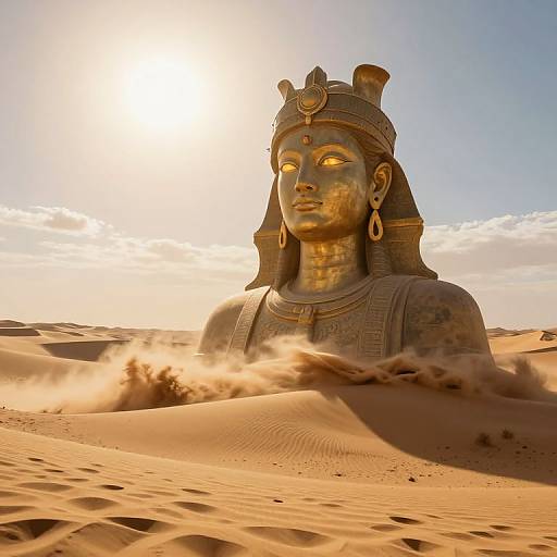 Photograph of a golden, ancient Egyptian-style statue of a woman with a headpiece, earrings, and ornate necklace, emerging from a sunlit