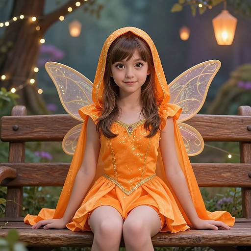 Photograph of a young girl with brown hair, wearing an orange fairy costume with translucent wings, sitting on a wooden bench in a magical, fairy-l