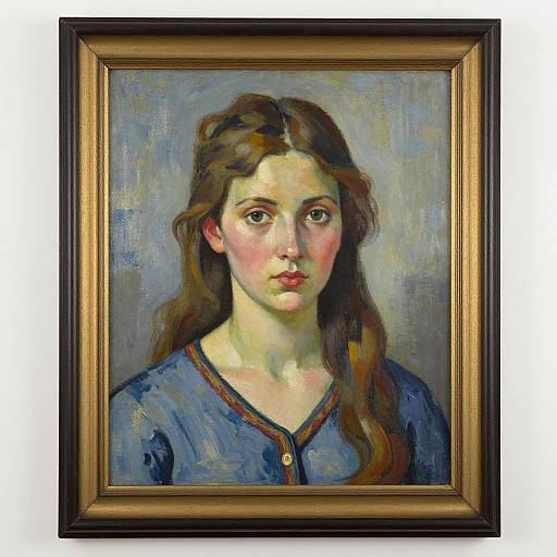 Painted portrait of a young woman with long brown hair, blue shirt, and fair skin, framed in a gold frame. Realistic style, soft