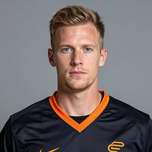 Photograph of a Caucasian man with short, blonde hair, blue eyes, and light stubble, wearing a black sports jersey with orange V-neck and