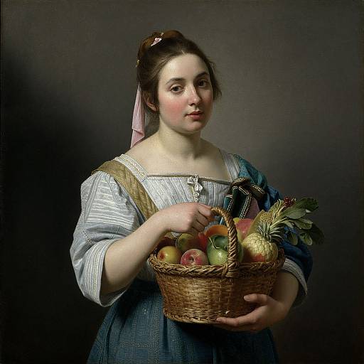 Photograph-style painting of a fair-skinned, rosy-cheeked young woman with brown hair in a ponytail, wearing a blue and white