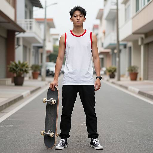 Young Asian man in white tank top with red trim, black pants, and sneakers, holding skateboard on urban street.