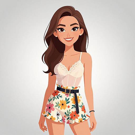 Digital illustration of a smiling woman with long brown hair, wearing a white lace-trimmed camisole and floral high-waisted shorts, against