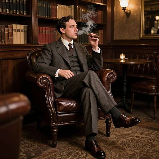 Photograph of a suave, dark-haired man in a pinstriped suit, smoking a cigar, seated in a leather armchair, in