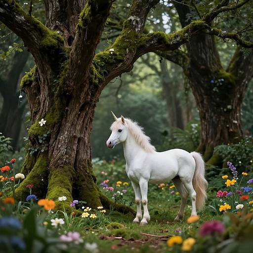 Photograph of a white unicorn with a light mane standing in a lush, moss-covered forest, surrounded by vibrant wildflowers and tall, twisted trees.