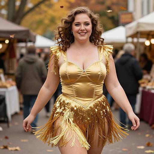 Photograph of a smiling, curvy woman with wavy brown hair, wearing a gold fringed dress, walking through a bustling outdoor market with autumn