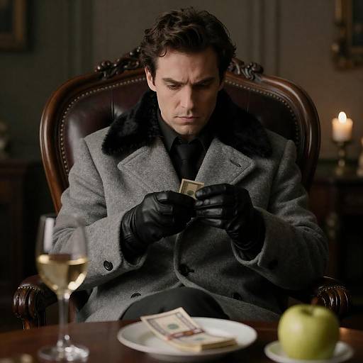 Serious Man Counting Money in Vintage Setting