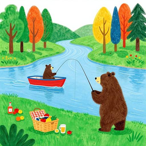 Colorful illustration of two brown bears fishing in a red boat on a winding river, with a picnic basket on the grassy bank. Vibrant autumn