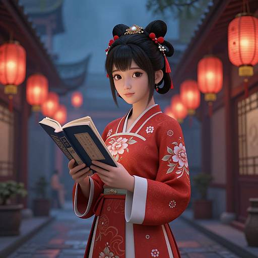 Digital artwork of an Asian woman in a red floral kimono, reading a book under glowing red lanterns in a traditional Japanese alleyway at twilight.