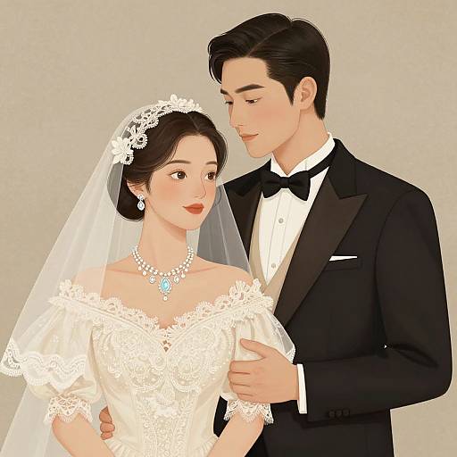 Digital illustration of an Asian bride in a white lace off-shoulder dress and veil, and groom in a black tuxedo, standing close,