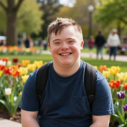 Photograph of a smiling, chubby, young Caucasian boy with short brown hair, wearing a blue t-shirt and black backpack, standing in a sunny park