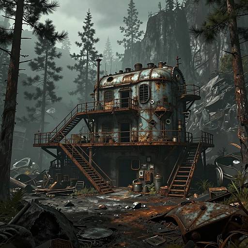 Digital art: Rusty, industrial-style tower with metal stairs, pipes, and windows, set in a foggy, rocky forest with tall trees.