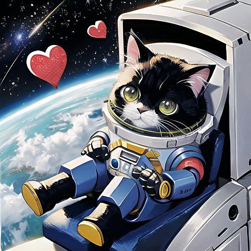 Cute Robot Cat in Space Surrounded by Love