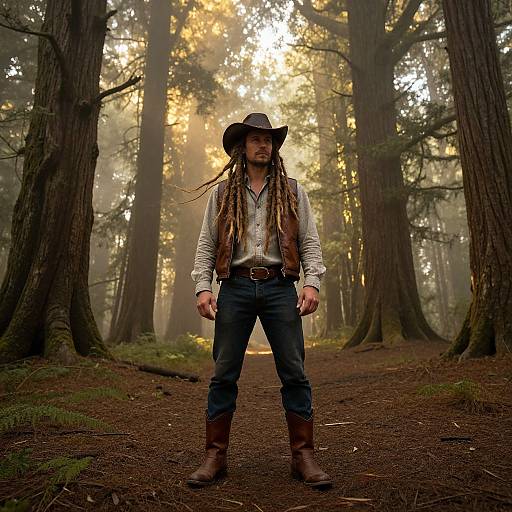 Dreadlocked Cowboy in Misty Forest