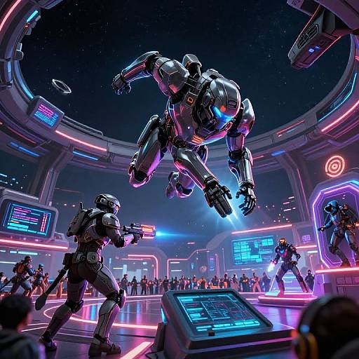 CGI sci-fi battle scene: metallic humanoid robots with glowing neon accents leap and fire blasters in a futuristic, neon-lit arena.