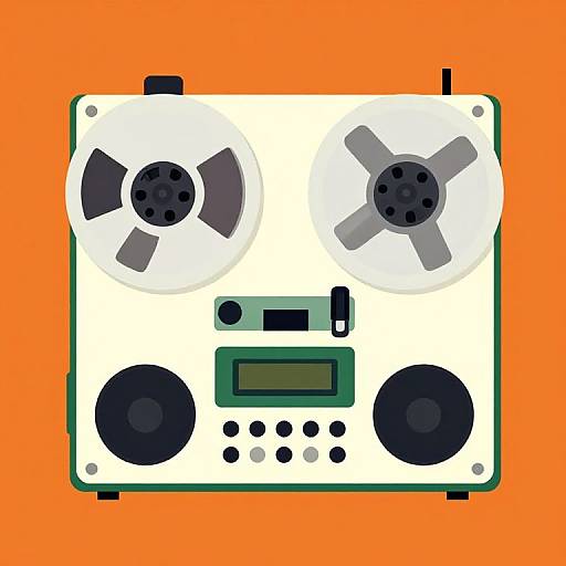Digital illustration of a white stereo with black speakers, gray fan vents, green display, and black buttons on an orange background.