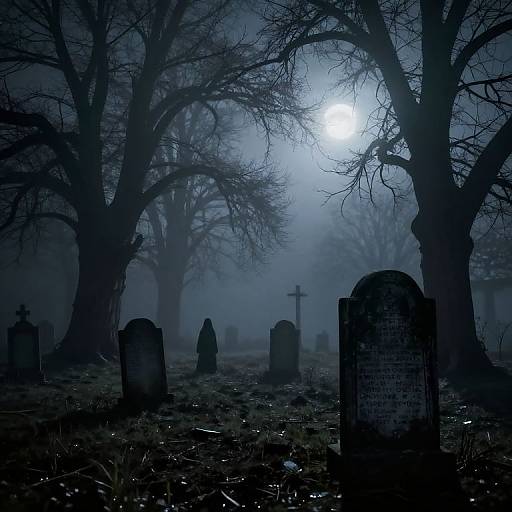 Misty graveyard at night, blue moonlight illuminating leafless trees, old weathered gravestones, and a cross in the foggy background