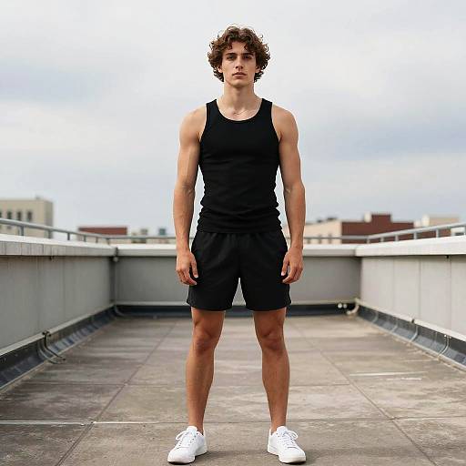 Photograph of a young, muscular man with curly brown hair, wearing a black tank top and shorts, white sneakers, standing on a rooftop against a