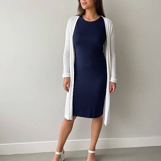 Photograph of a woman with long brown hair, wearing a black knee-length dress, white cardigan, and white ankle-strap heels, standing against
