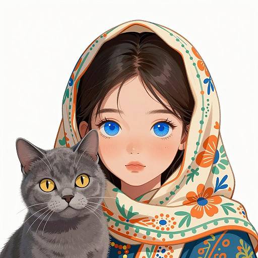 Young Girl with Blue Eyes and Gray Cat