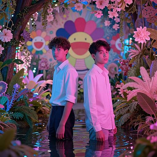 Photograph of two Asian boys in white shirts standing in a colorful, floral, and neon-lit forest with a smiling face backdrop, partially submerged in