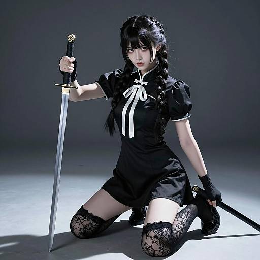 Intense Asian Warrior in Black Dress