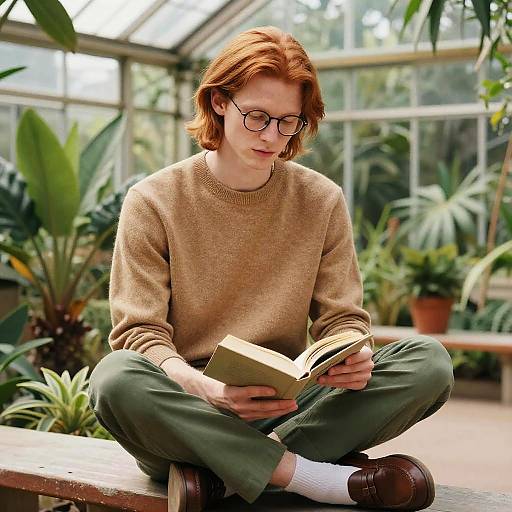 Stylish Young Man Reading in Greenhouse