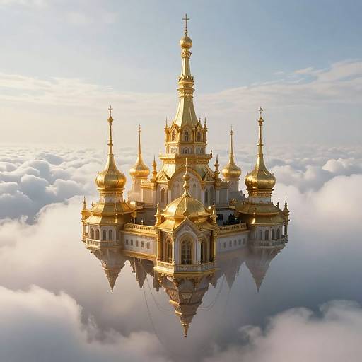 Photorealistic CGI of a golden Orthodox-style church with multiple domes floating on clouds, reflecting in the misty, ethereal sky.