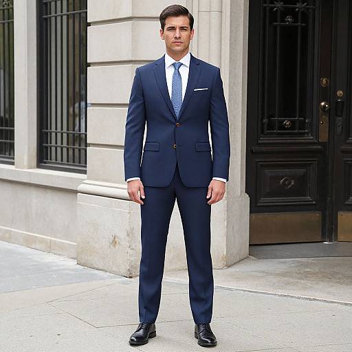 Photograph of a handsome, fair-skinned man with short brown hair, wearing a dark blue suit, white shirt, blue tie, and black shoes