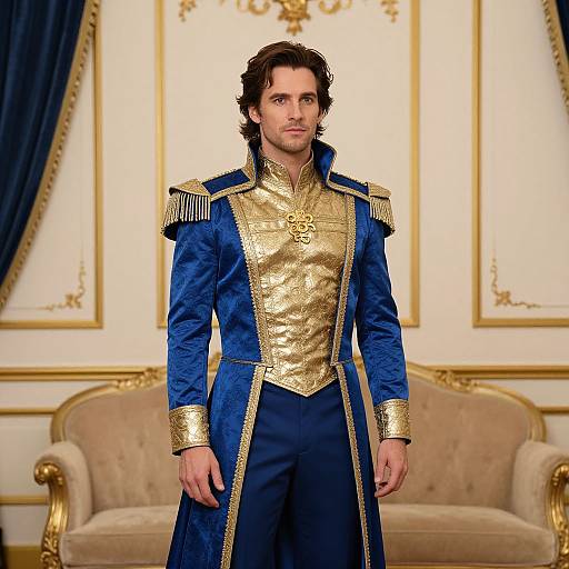 Photograph of a handsome man with wavy brown hair, wearing a regal blue and gold military-style uniform, standing in an ornate, gold