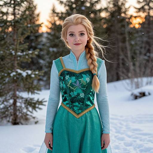 Photograph of a young, blonde, fair-skinned woman in a green, floral-patterned Elsa dress with blue sleeves, standing in a snowy forest