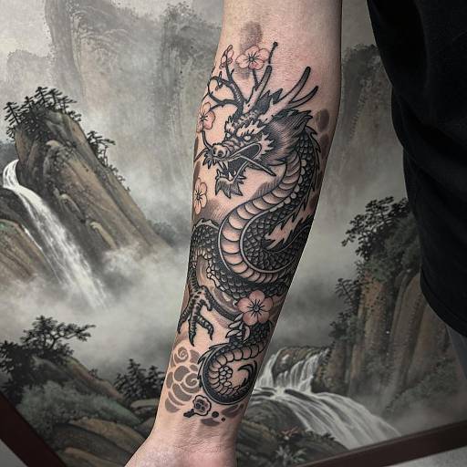 Dragon and Sakura Tree Tattoo Sleeve