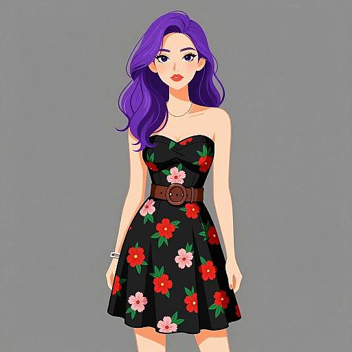 Digital illustration of a fair-skinned woman with vibrant purple hair, wearing a black floral dress with red and pink flowers, brown belt, and grey background