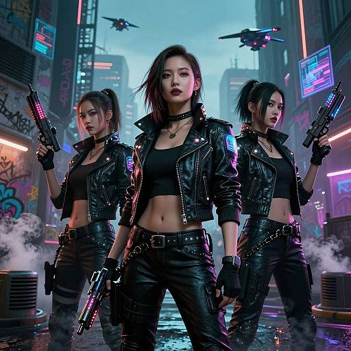 Digital artwork of three Asian women in black leather jackets and pants, holding guns, standing in a neon-lit, cyberpunk city street. Background features