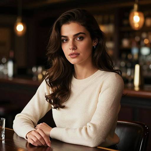 Photograph of a beautiful young woman with long, wavy brown hair, wearing a white knit sweater, sitting at a dimly lit bar. Warm