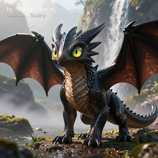 Chibi Toothless in Misty Mountain Scene