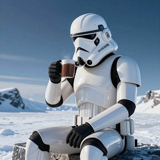 Photorealistic CGI of a white Stormtrooper in snowy mountains, sipping a steaming coffee while sitting on a rock.